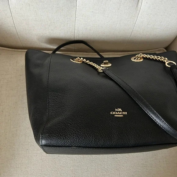 Coach Black Pebbled Leather Tote with Chain Straps - Picture 8 of 12